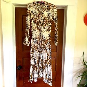 FREE PEOPLE white black yellow floral midi button down shirt dress 2